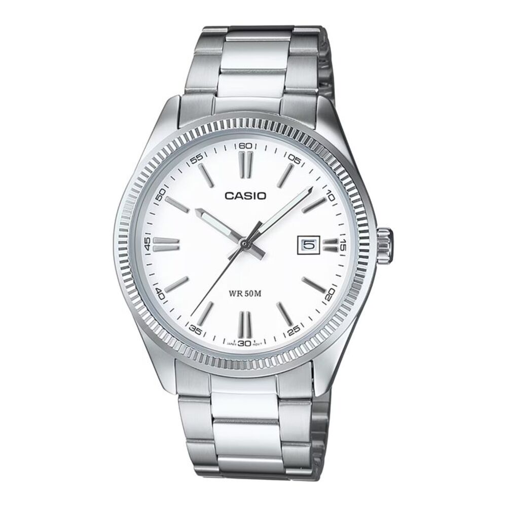 Casio Men’s Silver Stainless Steel Analog Watch with White Dial -